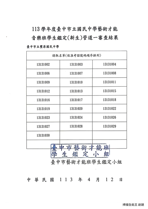 113學年度音樂班招生鑑定結果公告