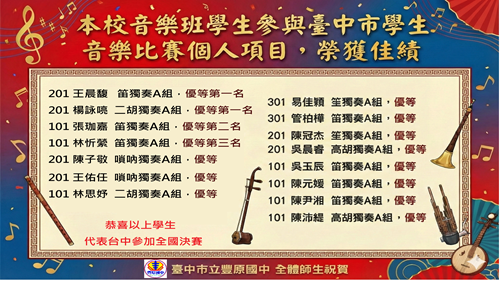連結到狂賀~本校音樂班學生參加114學年度臺中市學生音樂比賽榮獲佳績